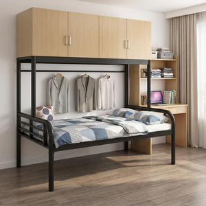 Modern Full Size Iron Frame <b>Single</b> <b>Bed</b> Top Wooden Storage Cupboard Adjustable Hanger Rod <b>Black</b> for Apartment - Product Image 1
