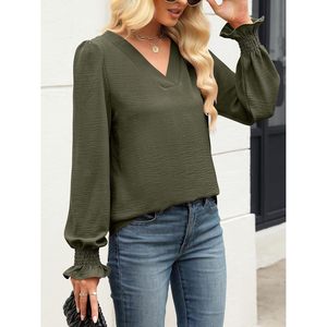 Women's V Neck Puff <b>Sleeve</b> Blouse Chiffon Elastic Office Work <b>Top</b> Business Casual <b>Long</b> <b>Sleeve</b> Dressy Shirt - Product Image 4