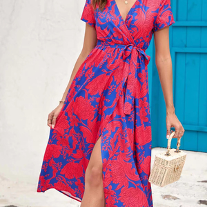 Moda colorido estampado Floral vestido de fiesta 2024 mujeres Primavera Verano elegante cuello en V cordón volante minifalda Casual Bata - Product Image 1