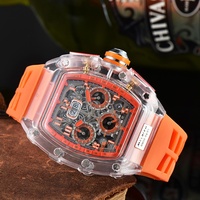 Richard RM Montre à quartz à 6 aiguilles, design tonneau ajouré, mode, affichage non-mécanique, bracelet silicone, promotion rapide