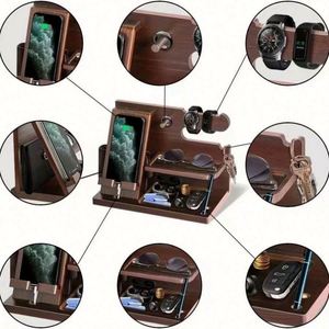 USA Mairun Brown Classic Iron Wood Ash Valet Tray Nightstand Organizer Three-Layer <b>Foldable</b> Standing Type Storage for Living - Product Image 5