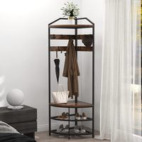Arbre de couloir d'angle avec banc à chaussures Porte-manteau d'entrée avec 10 crochets mobiles en métal Porte-vêtements autoportant Étagère à chaussures Organisateur