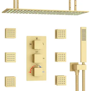 豪华15.7x31.5英寸超大淋浴头拉丝金色发光二极管恒温降雨淋浴系统水龙头成套