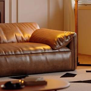 French Retro Elephant Ear <b>Leather</b> <b>Sofa</b> Brown Vintage Style One Line Upholstered Living Room <b>Sofa</b> - Product Image 2