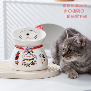 Comedero elevado Lucky Cat para gatos, color rosa con borde inclinado, tazón para alimentar mascotas - Product Image 2
