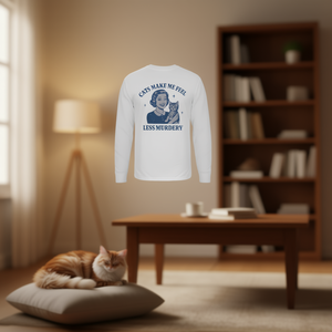 T-shirt a maniche lunghe con stampa Cats Make Me Feel Less Murdery, design per amanti dei gatti, vestibilità unisex - Product Image 3