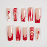 24 faux ongles à presser longs forme cercueil, motif rouge French manucure, fleurs et étoiles dorées, avec lime à ongles, vente en gros et dropshipping