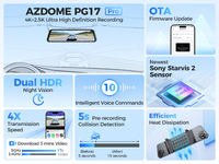 Caméra embarquée AZDOME PG17 Pro 4K+2.5K STARVIS2 IMX678, écran tactile 11,8 pouces, enregistreur DVR, boîte noire avec WiFi GPS