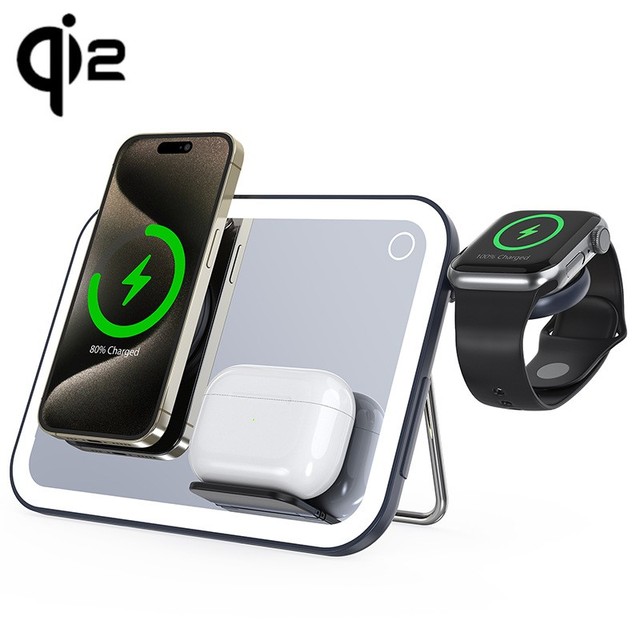 3 in 1 Wireless Charger Station Foldable LED Makeup Mirror Night Light Stand Suitable for 15W Phone Holder With PD 30W Plug