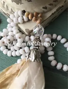 N00525 Bohemian Bead Sari kain sutra liontin rumbai manik putih batu permata kalung panjang untuk wanita hadiah Hari Ibu kalung