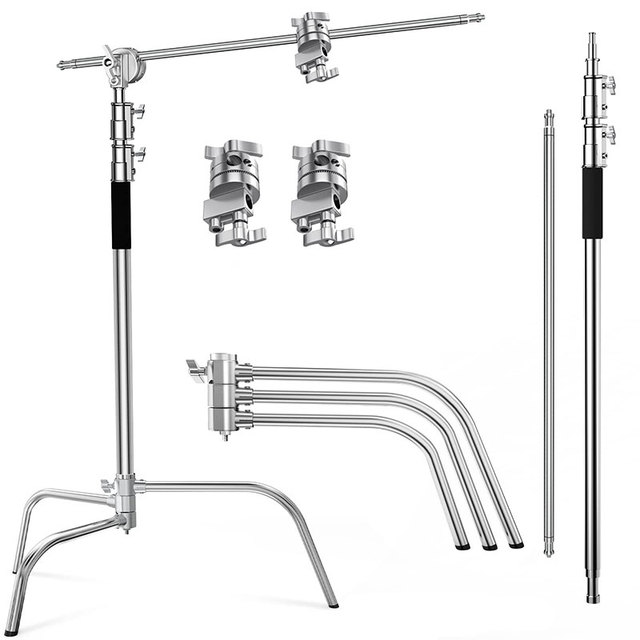 YEAH Adjustable Stainless Steel 3.3m 10.8ft Silver Heavy Duty Photography Light Stand C-Stand with 1.28m Holding Arm