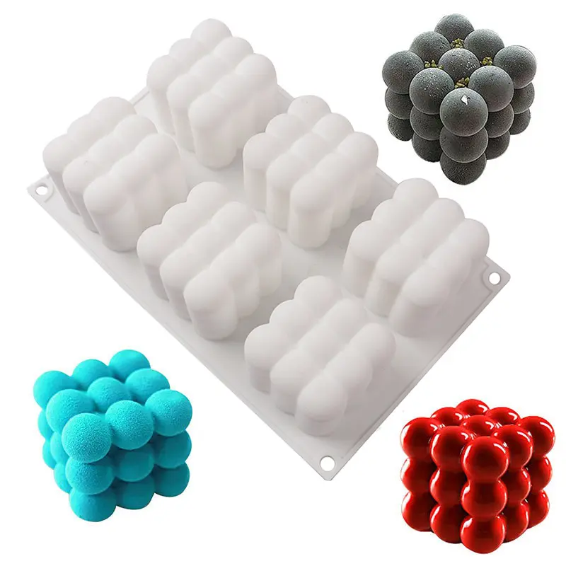 6 Cavidad Mousse Cake Moldes 3D Magic Square Bubble Cube Silicona Vela Molde