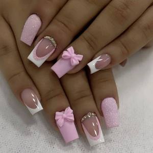 <span class=keywords><strong>Faux</strong></span> ongles de style français <span class=keywords><strong>rose</strong></span> <span class=keywords><strong>clair</strong></span>, mi-longs, tête carrée, motif cœur, ongles à presser - Product Image 3