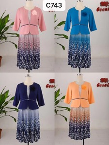 Elegante Vestido Midi con Estampado Floral Azul, Falda Plisada y Manga Tres Cuartos, Talla Grande, Traje Formal para Mujer - Product Image 6