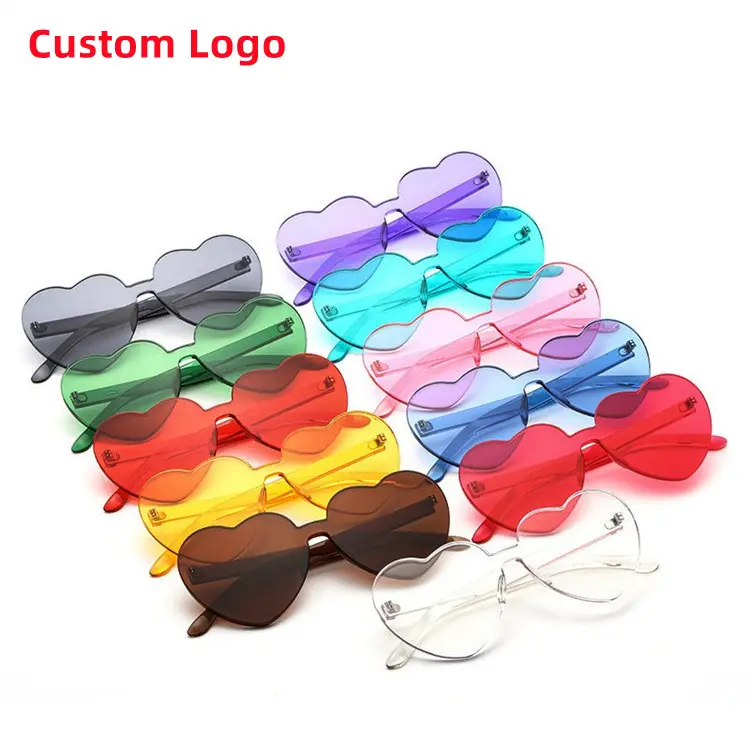 사용자 정의 로고 저렴한 플라스틱 도매 사용자 정의 프레임리스 캔디 컬러 PC 무테 선글라스 새로운 트렌디 한 사랑의 하트 모양 선글라스