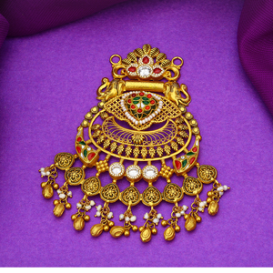Traditional gold temple pendant with peacock motif intricate filigree colorful <b>stones</b> pearl danglers rich ethnic design - Product Image 3