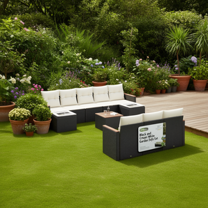 Set Divano da Giardino Evolu Blu in Rattan PE Nero con Cuscini in Schiuma ad Alta Densità, Design Contemporaneo, Mobili da Esterno Impermeabili - Product Image 2