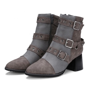 Bottines à talon épais pour femmes, bottes courtes à bout pointu, avec sangle à boucle, escarpins d'hiver - Product Image 4