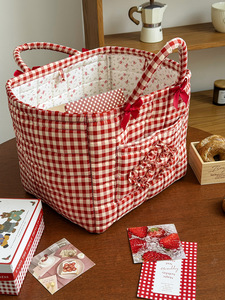 Cesta de lavandería coreana de algodón acolchado ligero con estampado de guinga, cesta plegable para artículos domésticos, bolsa de almacenamiento. - Product Image 5