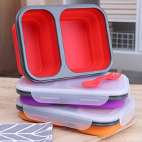 Nouveau design Boîte à lunch pliable à 2 compartiments 650ML + 450ML Silicone personnalisé + PP Rectangle coloré avec Spork
