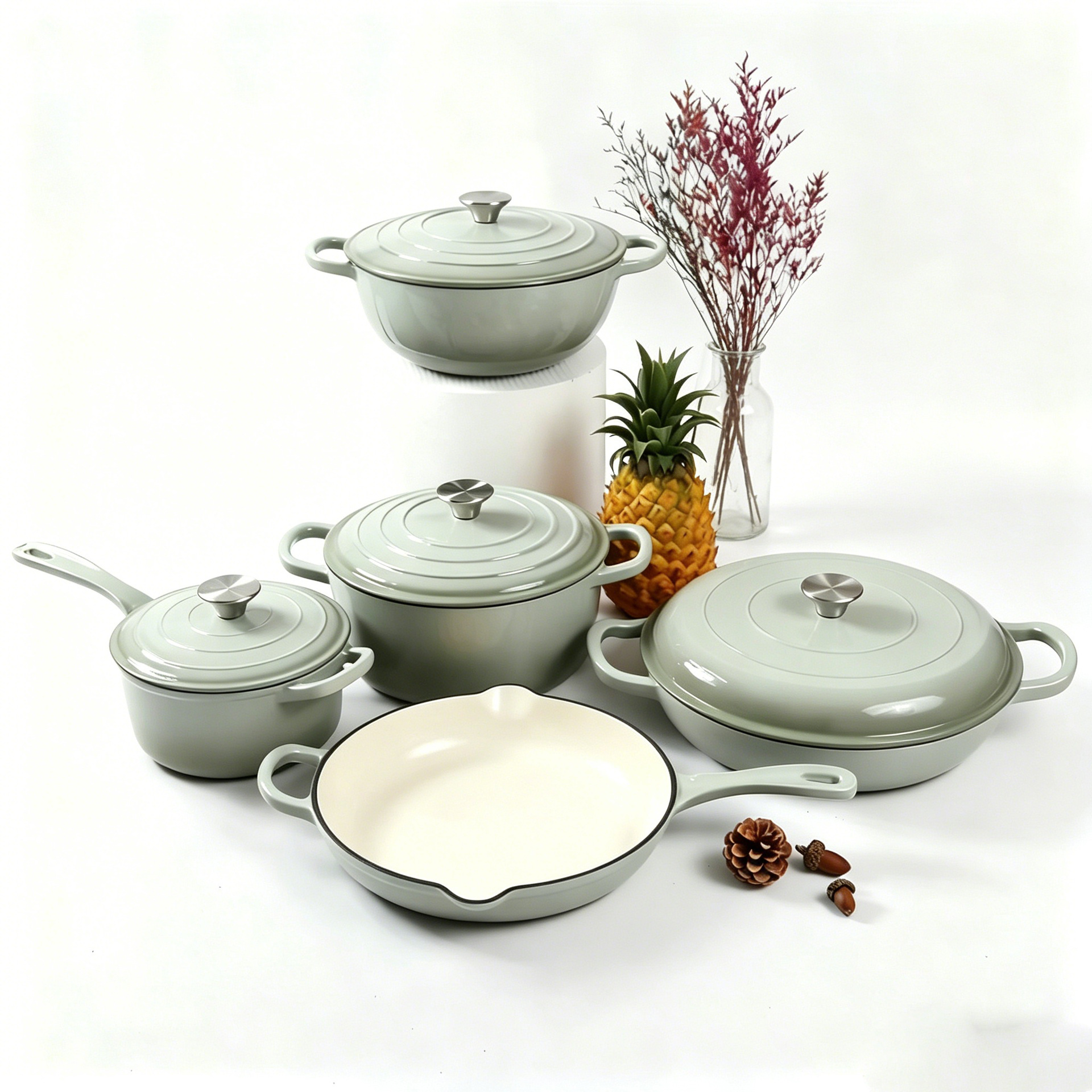 # LFGB 5-Piece Enameled Cast Iron Cookware Set – Dutch Oven, Skillet &amp; Sauce Pan with Custom Logo OEM for Home Kitchen &amp; EU Supermarkets