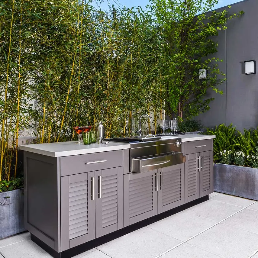 Outdoor Kitchen Cabinet 304 316 Aço Inoxidável Modern Custom BBQ Garden Balcony Waterproof Wooden Case Ambiental Friendly