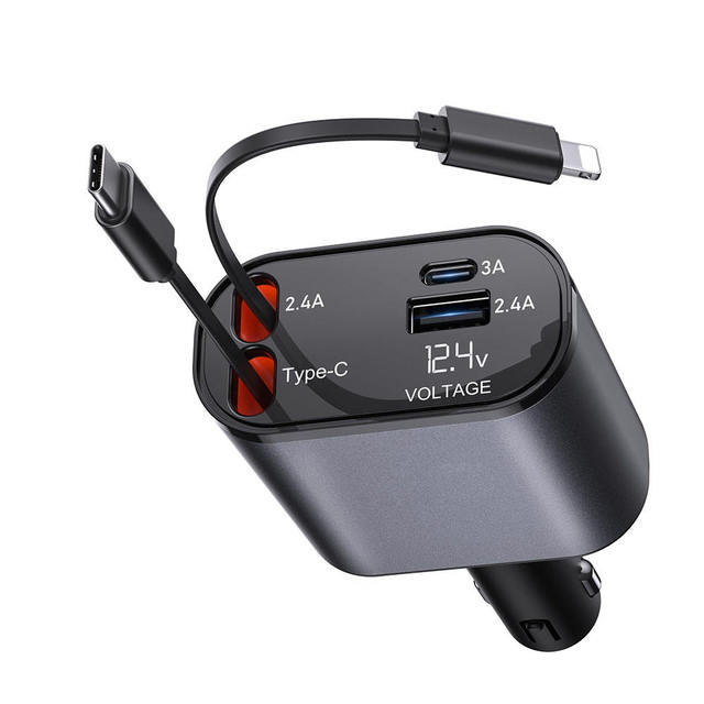 Retractable Fast Car Phone Charger for Cars 4 in 1 Car Charger 2 Cables 80cm and 2 USB Ports Use for iPhone and Android