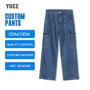 بنطلون جينز رجالي مخصص من المصنع، فضفاض بقصة مستقيمة وخصر متوسط، مغسول بحمض، كاجوال بجيوب كارغو - Product Image 3