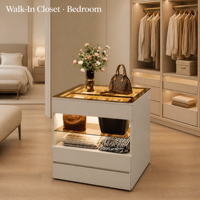 Îlot central moderne pour dressing avec 6 tiroirs, meuble de rangement écologique, éclairage LED, plateau en verre, espace à bijoux et étagère de présentation ouverte