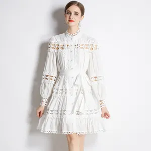 LE1201 2023 Spring New Stand-Up Lace Hollowed Out Casual Dress Single-Breasted A-Line Waist Mini Women'S Dress Boutique