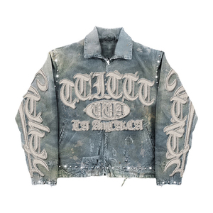 Giacca e Pantaloncini di Jeans da Uomo OEM Personalizzati con Toppa Ricamata con Lettere, in Tela di Cotone con Strass, Lavaggio Vintage Effetto Vissuto - Product Image 2