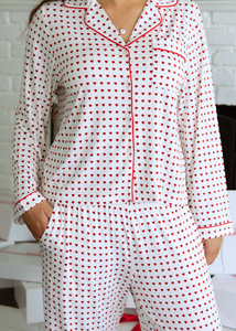 Ensemble de pyjama personnalisé pour femme, imprimé cœurs blancs, en bambou, manches longues, boutonné, micro-modal, vêtements de détente, vente en gros, VN - Product Image 3