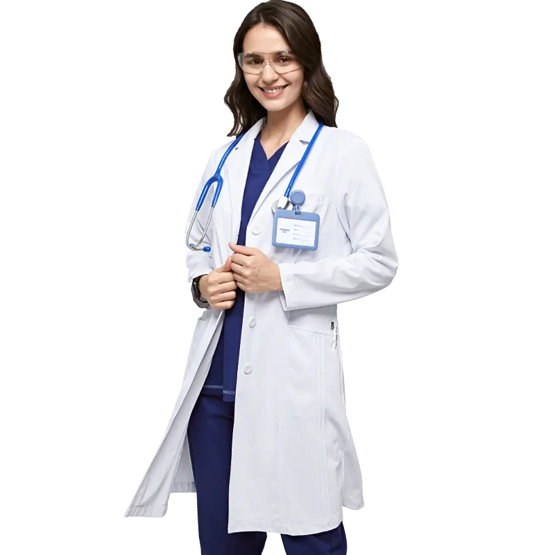 Nuevo estilo, bata blanca larga delgada, médico, enfermera, bata de laboratorio, soporte con logotipo personalizado, uniformes médicos de Hospital tejidos para mujer