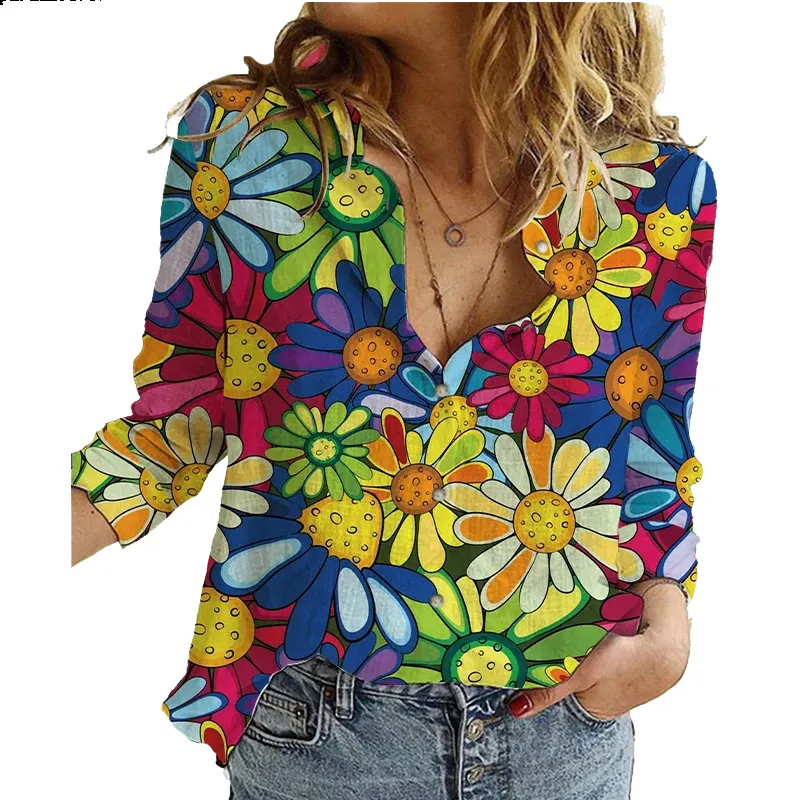 New Women Long Sleeve Tops Cartoon Hand Painted Shirt Cotton and Linen Blouse with Button Up Shirts Plus Size
