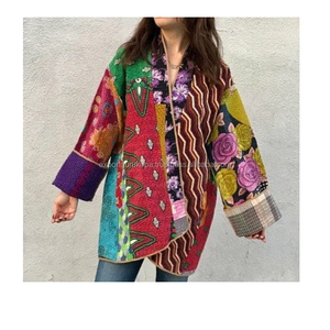 Reversible Vintage Kantha chaqueta azul índigo estampada a mano Jaipur - Product Image 1