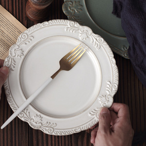 Retro fırın değişim kabartmalı seramik yemek tabakları fransız çiçek kenarlı kare yemekleri - Product Image 3