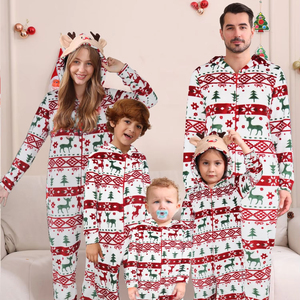 Yeni kadın erkek flanel noel tulum sevimli Santa desen baskılı kapşonlu fermuarlı Zippered pijama noel aile eşleştirme kıyafetler - Product Image 1