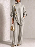 RO9112 Ensemble tricoté 2 pièces élégant pour femme, vêtements islamiques modestes, col roulé, manches longues, pantalon ample, tenue décontractée pour l'Aïd et le bureau
