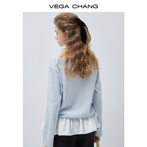 VEGA CHANG Ingrosso 2026 Nuova Maglietta da <span class=keywords><strong>Donna</strong></span> Primaverile <span class=keywords><strong>Azzurra</strong></span> con Orlo Asimmetrico a Balze Vestibilità Rilassata Manica Lunga - Product Image 6