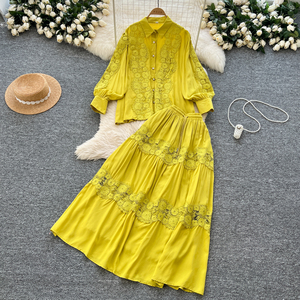 Conjunto Vintage de 2 piezas para mujer, <span class=keywords><strong>Blusa</strong></span> <span class=keywords><strong>con</strong></span> ribete de encaje de manga larga y <span class=keywords><strong>falda</strong></span> acampanada de cintura alta, chándal de dos piezas - Product Image 3