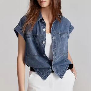 Veste en jean pour femme à logo personnalisé, 100% coton, délavée à l'acide, à manches courtes, simple boutonnage, de haute qualité - Product Image 1