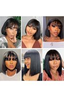 Perruque Bob Courte Droite (10-14 pouces) avec Frange, Densité 200%, Cheveux Humains Brésiliens Remy, Entièrement Faite à la Machine, Dentelle Transparente