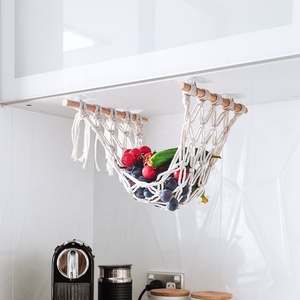 2 Pack Hanging Fruit bag Macrame Fruit Hammock with wood stick Under Cabinet