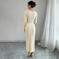 Robe moulante élégante en dentelle à col en V profond, manches longues, longueur midi, idéale pour les rendez-vous, commande en gros