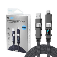 Câble USB 4-en-1 60W avec affichage LED, cordon plat tressé en alliage de zinc, multiprise pour cadeaux d'entreprise en gros