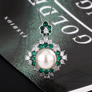 Ensemble de bijoux en perles florales et zircon émeraude, collier/boucles d'oreilles/bague en laiton de luxe pour femmes - Product Image 4