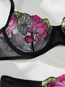 Ensemble de lingerie sexy pour femmes, soutien-gorge en dentelle noire transparente, culotte brodée en soie, string, logo sur la taille, nylon, lingerie sexy pour filles - Product Image 3