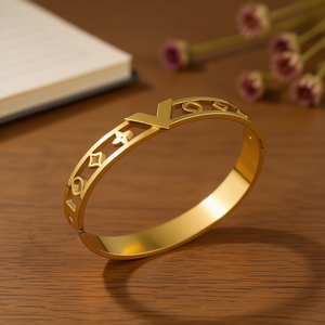 Pulsera de Acero Inoxidable con Diseño Hueco de Letra V en Forma de Flor, Chapada en Oro, Joyería de Regalo Unisex - Product Image 2