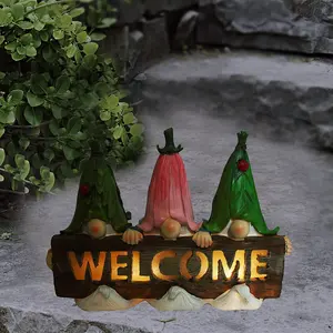 Home Backyard Friends Welcome Sign Gnome Dwarf Statue Solar Powered LED Outdoor Solar Garden Lights