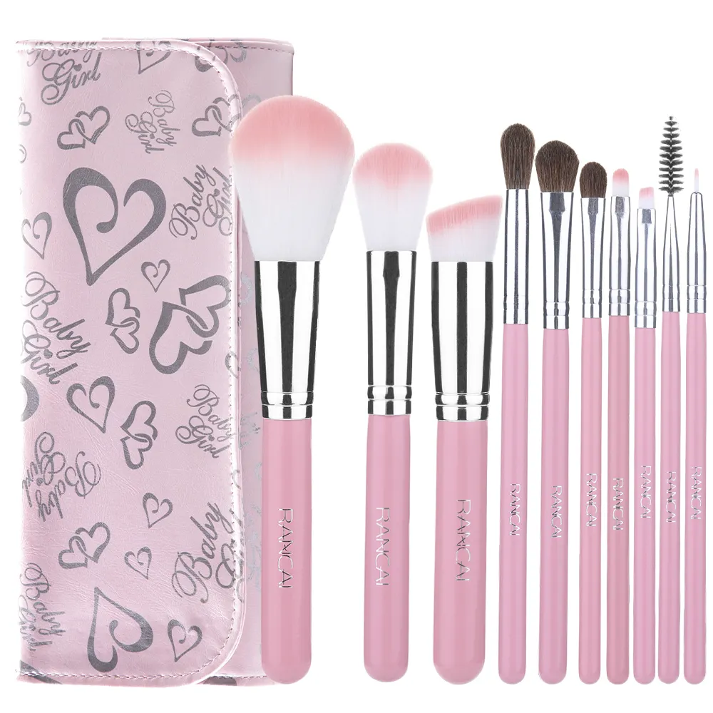 10pcs vegan bling pink professional private label makeup brushes set with PU leather cosmetic bag for daily makeup